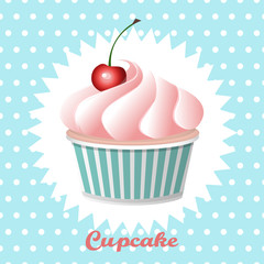 Cherry cupcake on a polka  dot background
