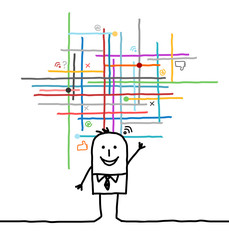 cartoon man connected to social and media networks