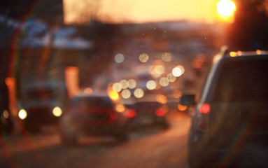 road in winter night, traffic jams, snow city