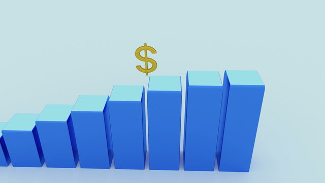 Animated 3D rising graph in an arithmetic progression as an illustration of steady growth. A gold coloured US dollar currency symbol climbs the graph as it rises.