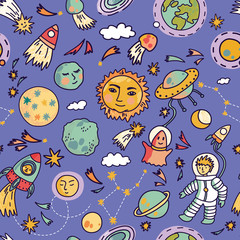 Vector seamless space pattern with planets, rockets, astronaut and stars. Childish background. Hand drawn vector illustration.