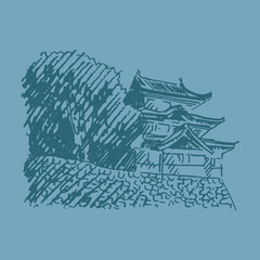 okyo Imperial Palace. Fujimi-yagura, guard building within the inner grounds of the Imperial Palace. Vector quick sketch.
