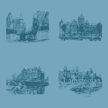 Landmarks in Amsterdam (Holland, Netherlands, Europe). Historical building line art. Hand drawn sketch. Set of vector illustrations