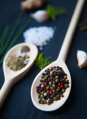  Flat Lay of Various Fresh Herbs and Spices on Dark Gray Surface