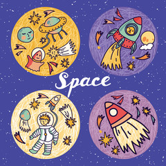 Round space banners with planets, rockets, astronaut, alien and stars. Childish background. Hand drawn vector illustration.