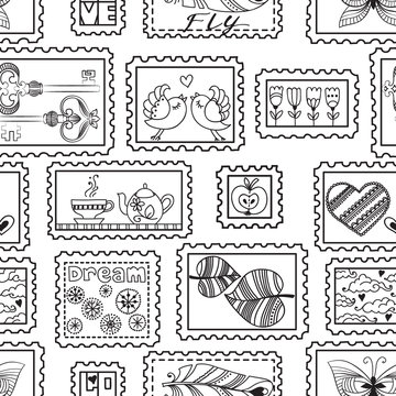 Vector seamless pattern with postal stamps. Seamless stamps hand-drawn pattern. Can be used for wallpaper, web page background, wrapping, textile and scrapbook.