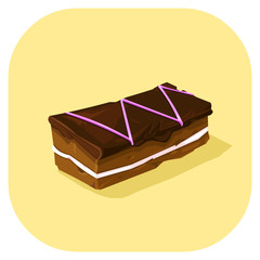 A vector illustration of a small chocolate cake pastry with icing. 
Portion of Sweet dessert cake with jam.