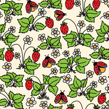 Vector seamless pattern with strawberry, flowers and ladybugs