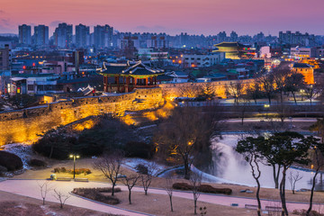 winter,Sunset at Hwaseong Fortress in Suwon, South Korea.