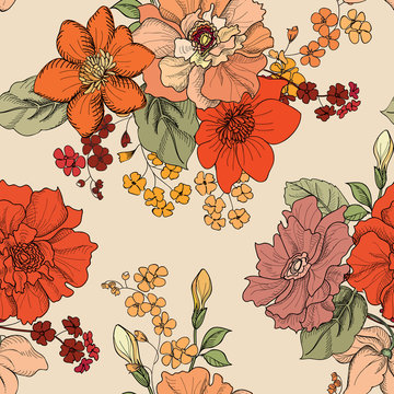 Fototapeta Floral pattern Flower seamless background pattern. Flourish bouquet ornamental pattern