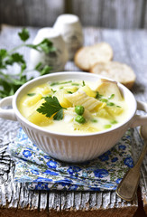 Chowder with potato,cod and green pea.