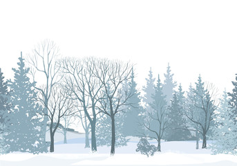 Fototapeta na wymiar Winter scene with forest background. Christmas snow tree landscape border. Snowy forest seamless pattern 