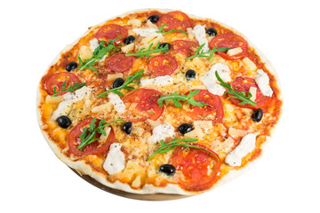 Tasty pizza with vegetables, chicken and olives isolated on white.A popular pizza topping in American-style pizzerias
