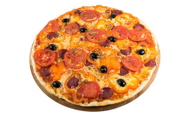 Tasty pizza with vegetables, chicken and olives isolated on white.A popular pizza topping in American-style pizzerias