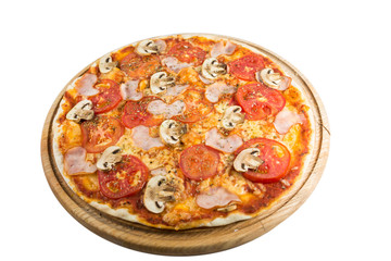 Tasty pizza with vegetables, chicken and olives isolated on white.A popular pizza topping in American-style pizzerias