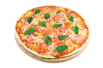 Fototapeta na wymiar Tasty pizza with vegetables, chicken and olives isolated on white.A popular pizza topping in American-style pizzerias