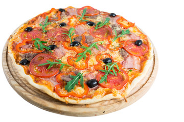 Tasty pizza with vegetables, chicken and olives isolated on white.A popular pizza topping in American-style pizzerias