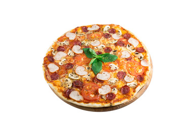 Tasty pizza with vegetables, chicken and olives isolated on white.A popular pizza topping in American-style pizzerias