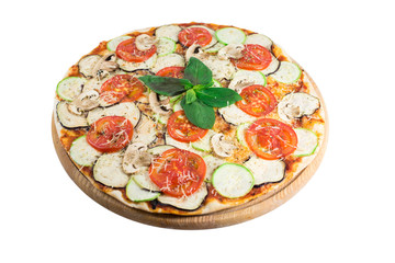 Tasty pizza with vegetables, chicken and olives isolated on white.A popular pizza topping in American-style pizzerias