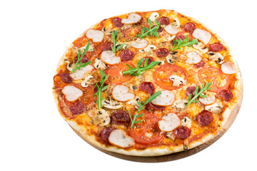 Tasty pizza with vegetables, chicken and olives isolated on white.A popular pizza topping in American-style pizzerias