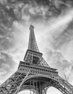 Black and white view of Eiffel Tower in Paris, France
