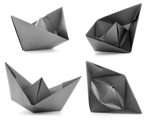 Black paper ship photoset, origami collection isolated on white background