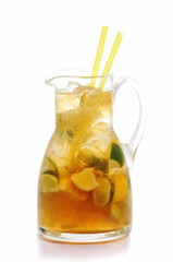 fresh lemon and lime lemonade isolated on white background, summer fruit drink photography