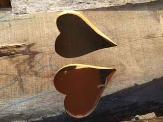 Zwei ausgesägte Herzen auf einem Stück Holz mit Licht- und Schattenspiel 