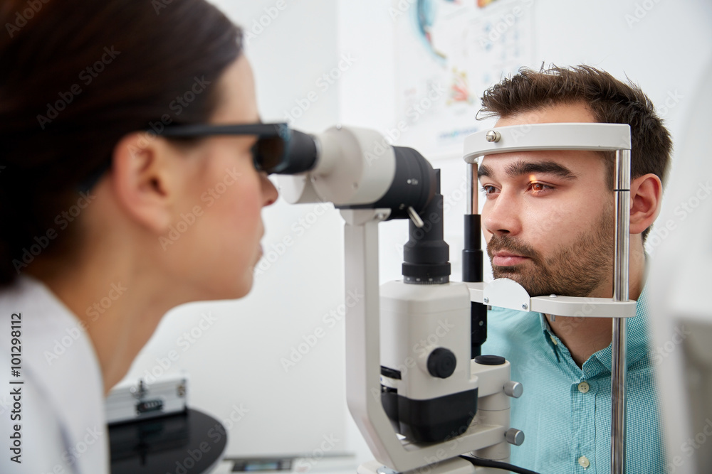 Poster optician with tonometer and patient at eye clinic