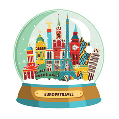 Europe famous monument in snow globe. Winter travel vector illustration