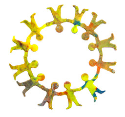 small circle of diverse cheerful plasticine people