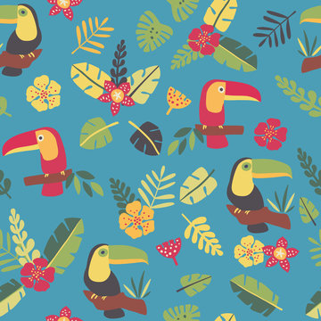 Toucans and tropic plants - seamless pattern