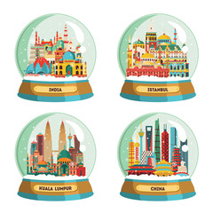Travel and tourism background. India, Istanbul, Kuala Lumpur, China. Winter souvenir. Vector illustration