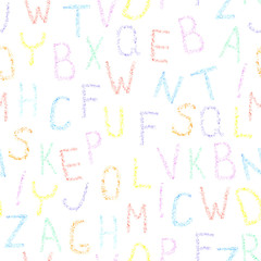 Font pencil crayon. ABC chalk letters seamless pattern for print on fabric, wrapping paper etc. Handwritten vector illustration. School theme.