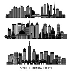 skyline detailed silhouette set (Seoul, Jakarta, Taipei). Vector illustration