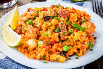 Paella with seafood and chorizo sausages