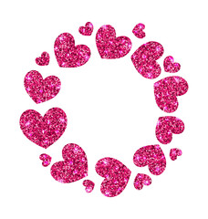 Frame from Pink Hearts with Glitter Background