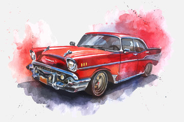 Watercolor hand-drawn old-fashioned red car  - obrazy, fototapety, plakaty