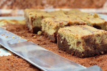 freshly baked chocolate brownie cheesecake