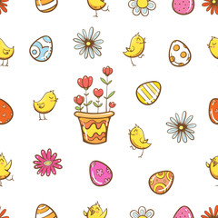 Vector seamless easter pattern with cartoon chickens, eggs and flowers on  white background.