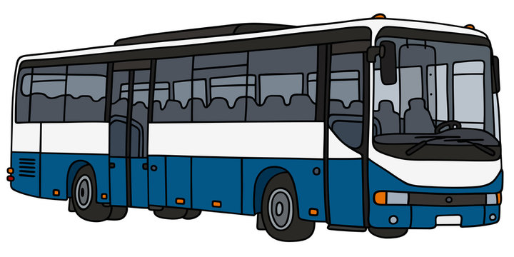 Blue and white bus / hand drawwing, vector illustration