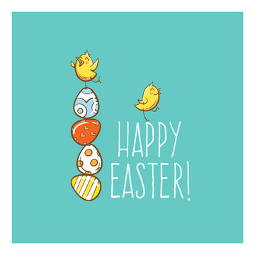 Vector easter card with cute cartoon chickens and eggs.