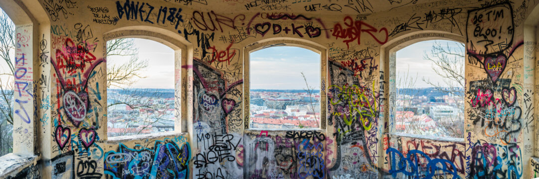 Prague, Old Sightseeing Tower With Grafitti