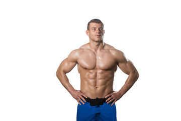Fototapeta na wymiar Muscular Bodybuilder Man Posing Over White Background