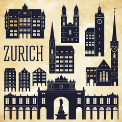 Zurich Switzerland city detailed monuments. Vector illustration