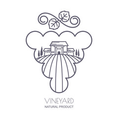 Tuscany landscape with vineyard fields, villa, trees in grape be