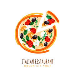Hand drawn illustration of sliced italian pizza with tomato, mus
