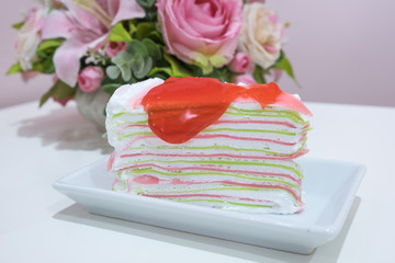Rainbow crape cake on plate