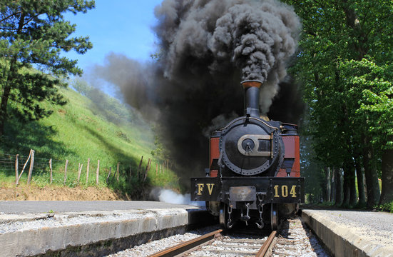 locomotora vieja de vapor echando humo en marcha tren pa&iacute;s vasco 2819-f16