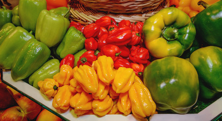 Vegetables, paprika, bell peppers of different varieties. Yellow, green, red. Concept of healthy eating